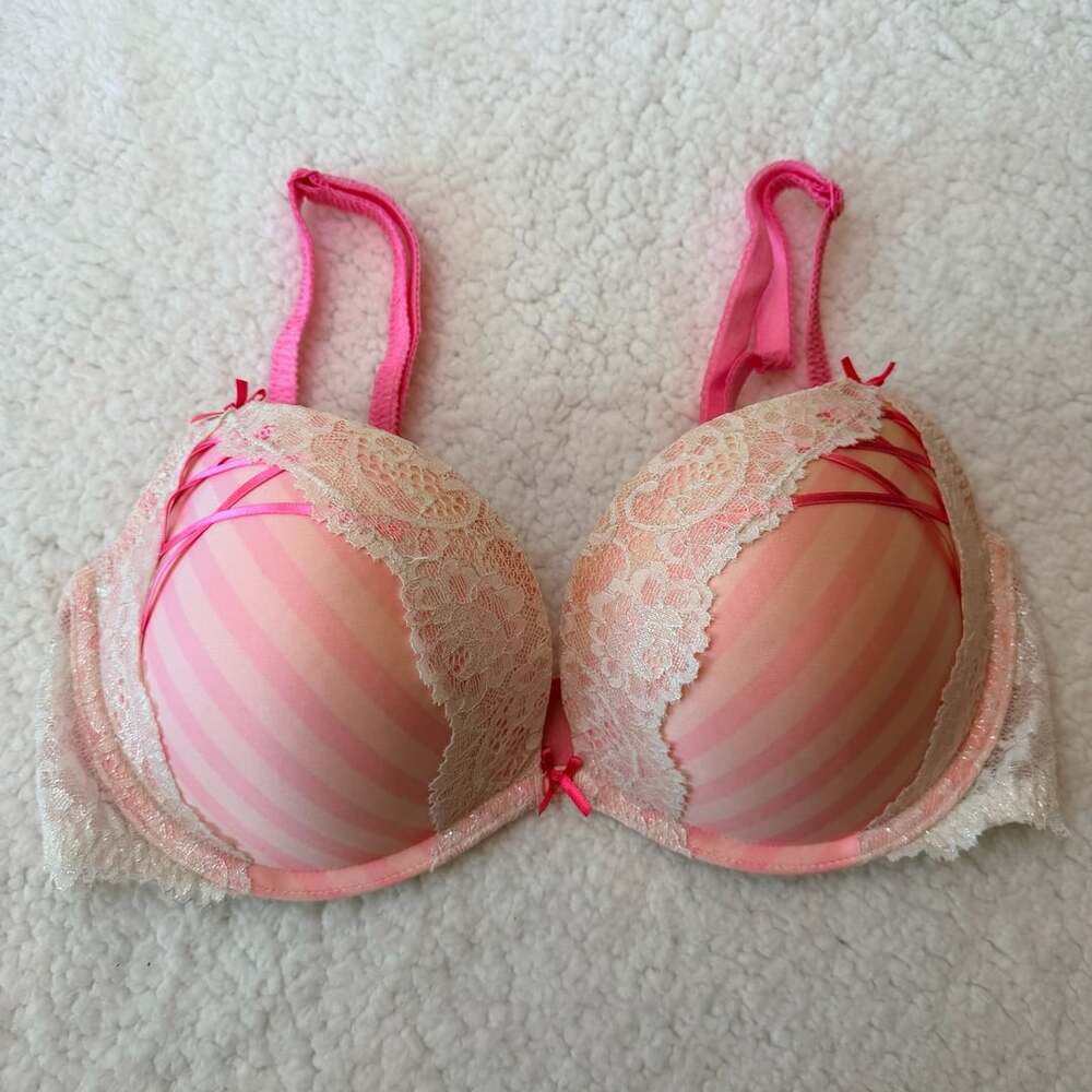 Victoria's Secret Dream Angels Padded Demi Bra 34D Pink Striped Lace